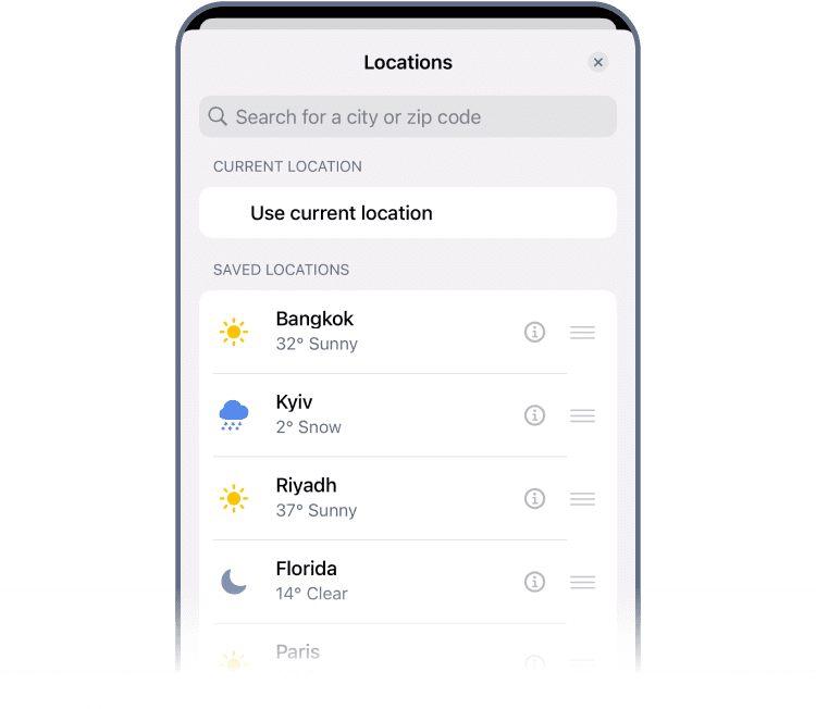 Añadir y gestionar múltiples ubicaciones guardadas en RainViewer en iOS