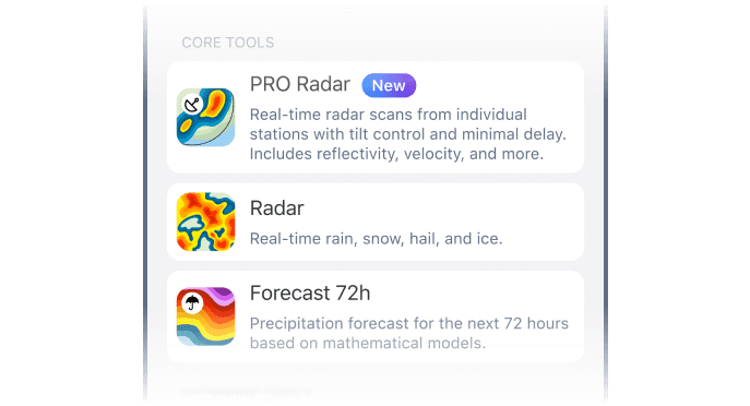 Selector de capas del mapa mostrando las Herramientas principales — Pro Radar, Radar y Pronóstico 72h en iOS