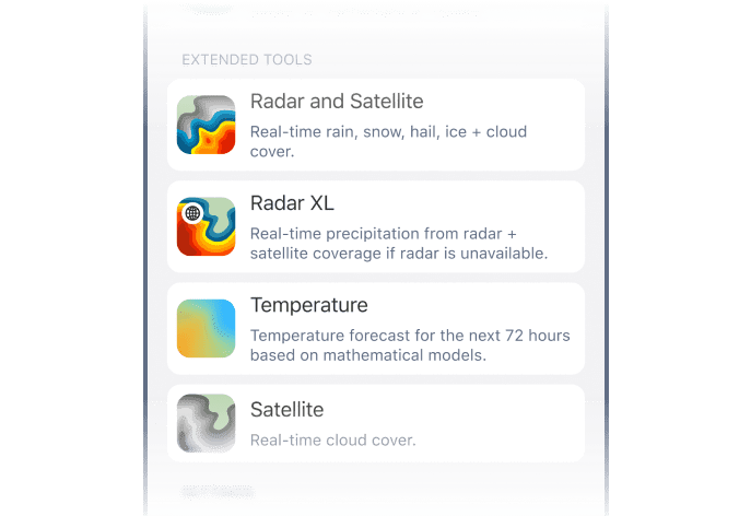 Selector de capas del mapa mostrando las Herramientas ampliadas — Radar y Satélite, Temperatura y Satélite en iOS
