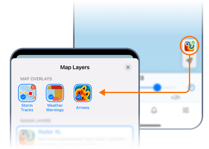 Tocando el selector de capas en la esquina inferior derecha del mapa de RainViewer en iOS