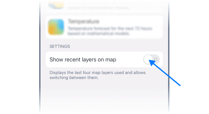 El botón de alternancia Mostrar capas recientes en el mapa en RainViewer en iOS