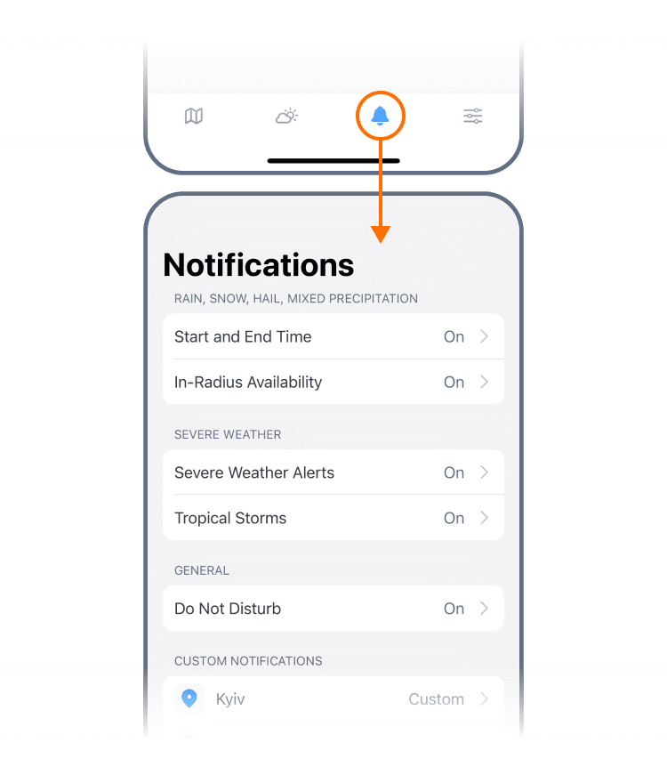 Vista general del Centro de notificaciones de RainViewer en iOS