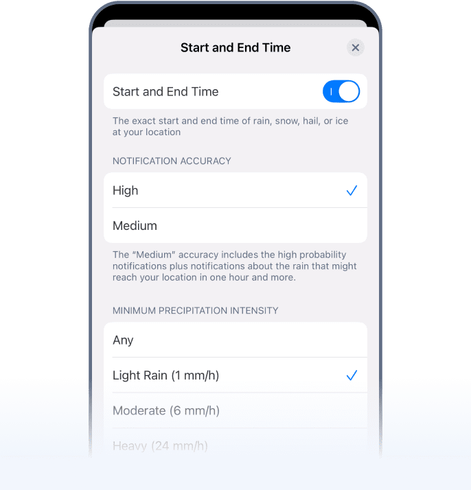 Configuración de alertas de inicio y fin de lluvia en RainViewer en iOS