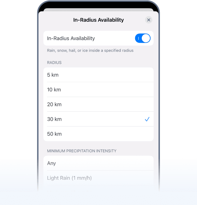 Configuración de alertas de precipitación dentro del radio en RainViewer en iOS