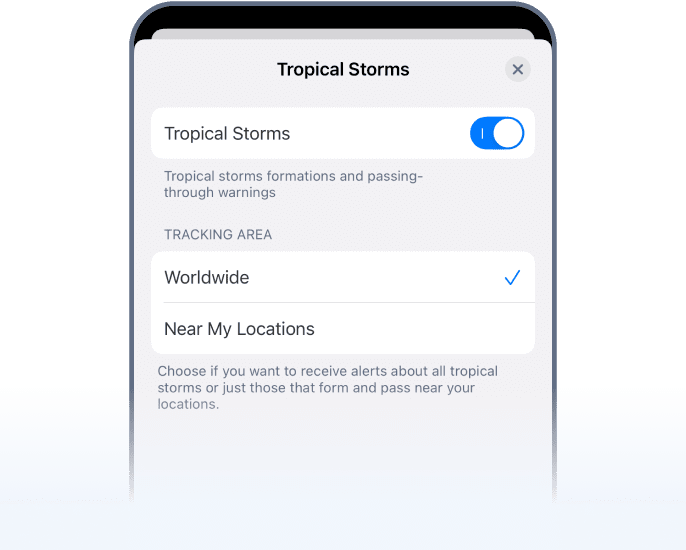 Configuración de alertas de tormentas tropicales en RainViewer en iOS