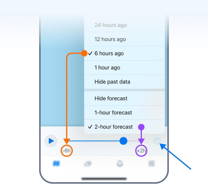 Uso del control deslizante de la línea de tiempo de reproducción en RainViewer en iOS