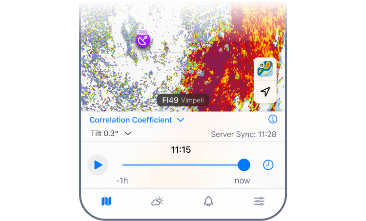 Pro Radar single-station view in RainViewer on iOS