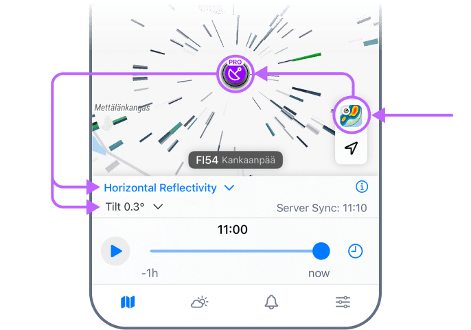 Selecting a Pro Radar station on the map in RainViewer on iOS