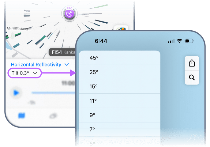 Pro Radar tilt angle control in RainViewer on iOS