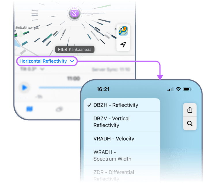 List of available Pro Radar products in RainViewer on iOS