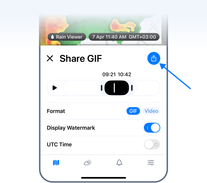 Customizing a shared RainViewer animation on iOS — watermark and time range
