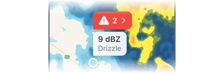 Precipitation type and intensity readout after tapping the map in RainViewer on Android