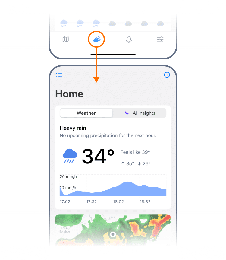 Tela de Resumo do Tempo do RainViewer no iOS