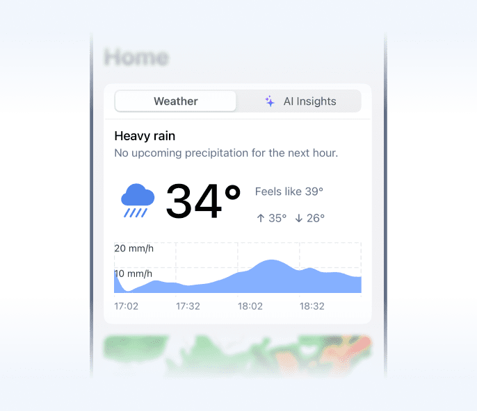Condições atuais no Resumo do Tempo do RainViewer no iOS