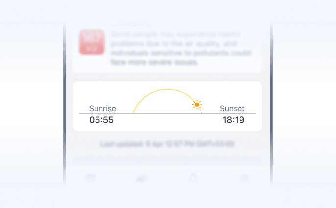 Horários de nascer e pôr do sol no Resumo do Tempo do RainViewer no iOS