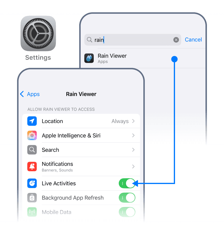 Activación de Rain Viewer Live Activities en la configuración de iOS