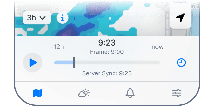 Deslizador de línea de tiempo para Precipitación Total en RainViewer en iOS