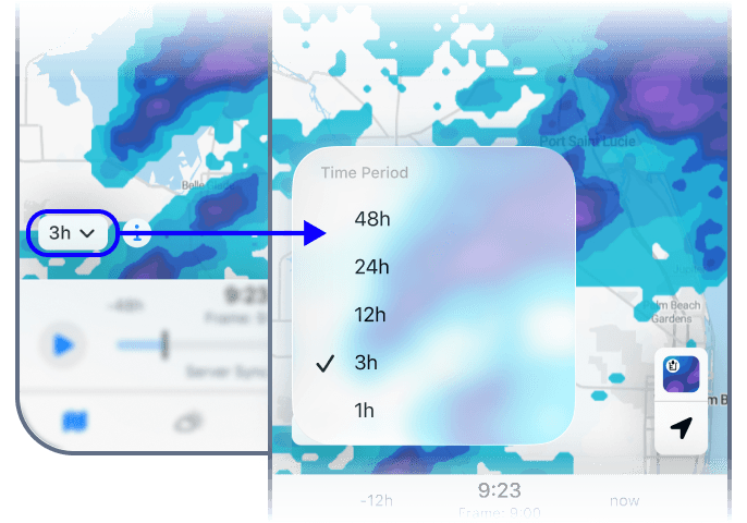 Selector de período de tiempo para Precipitación Total en RainViewer en iOS